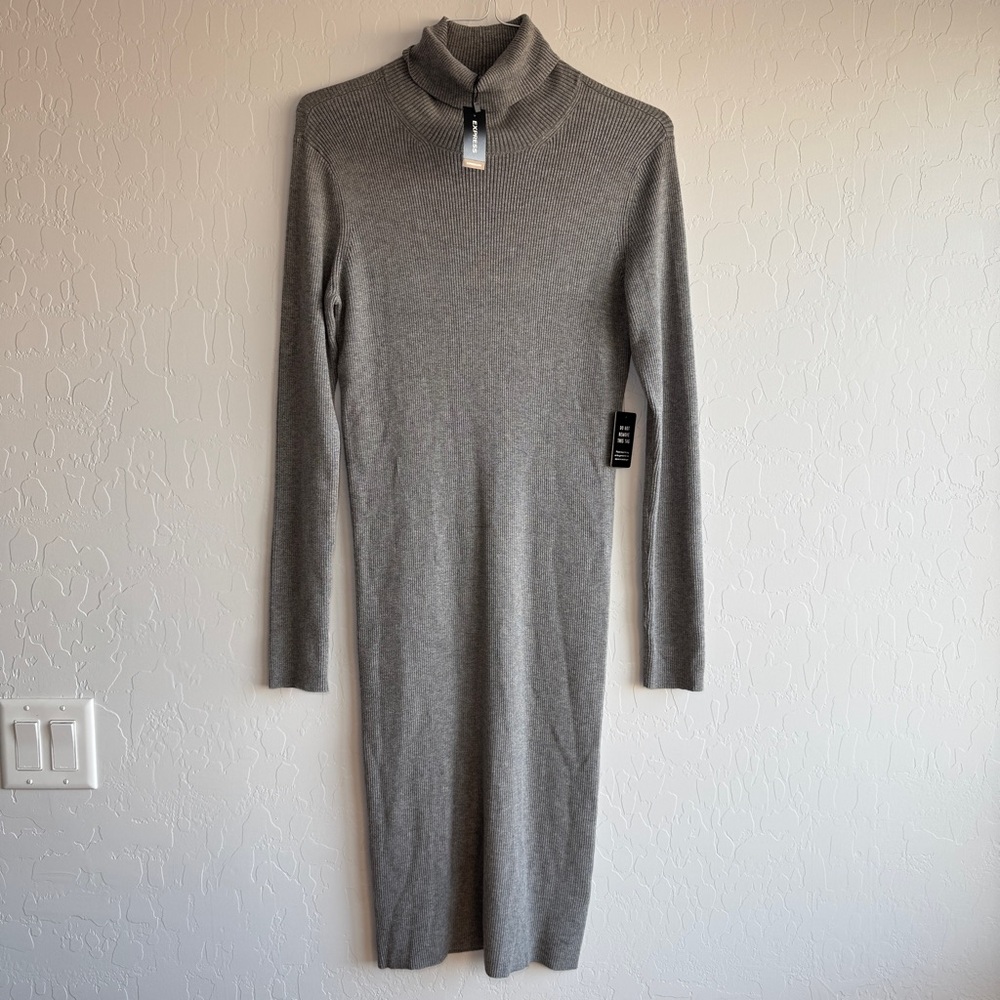 NWT Express Gray Ribbed Turtleneck Sweater Dress Large L Midi Bodycon Stretchy